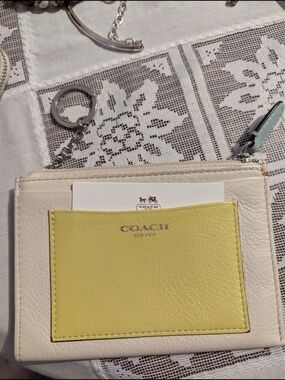 Coach Cream Leather Card Pouch with Yellow Front Slot